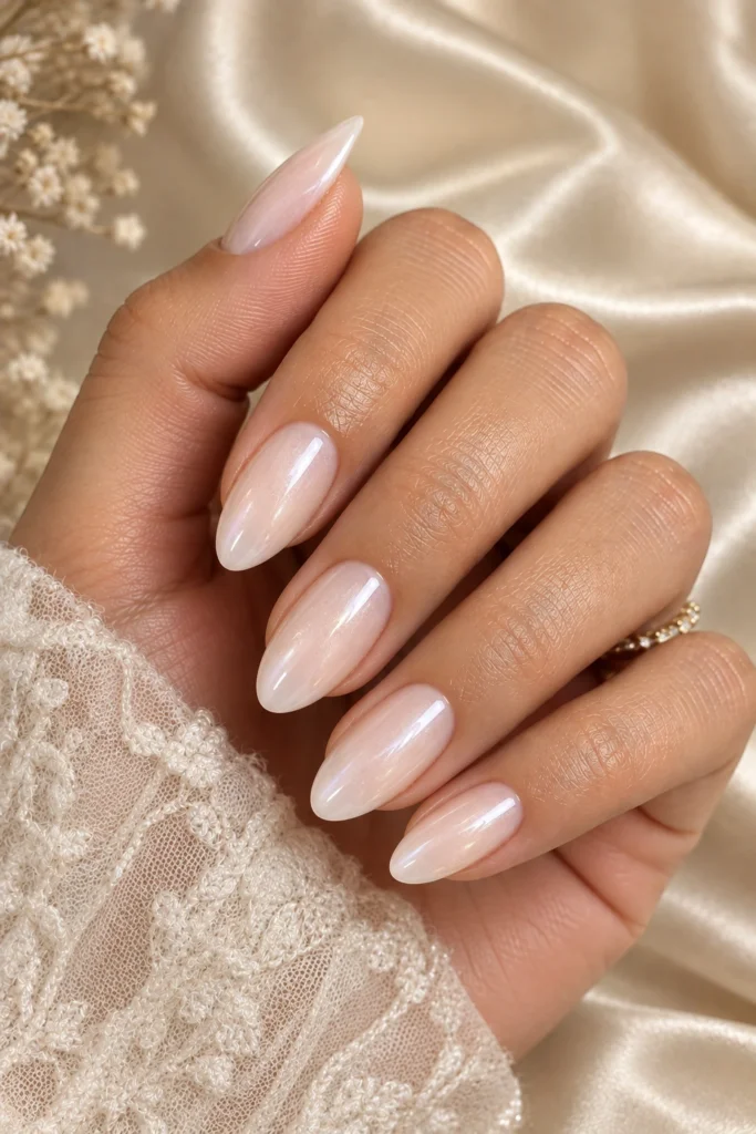 Pearlescent Funny Bunny manicure with soft white shimmer