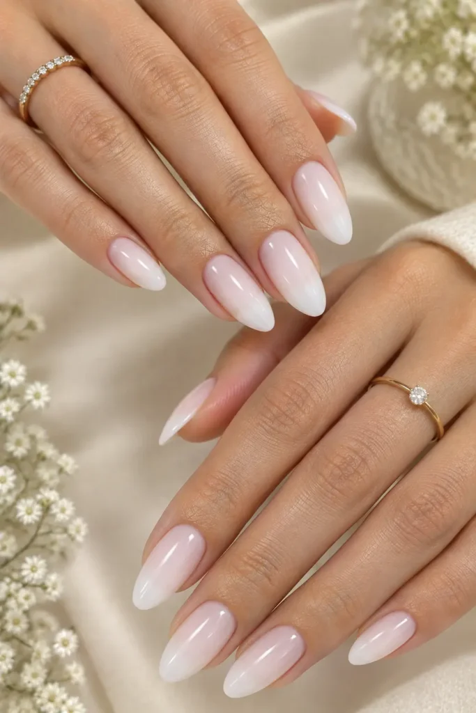 Sheer pink and milky white layered manicure