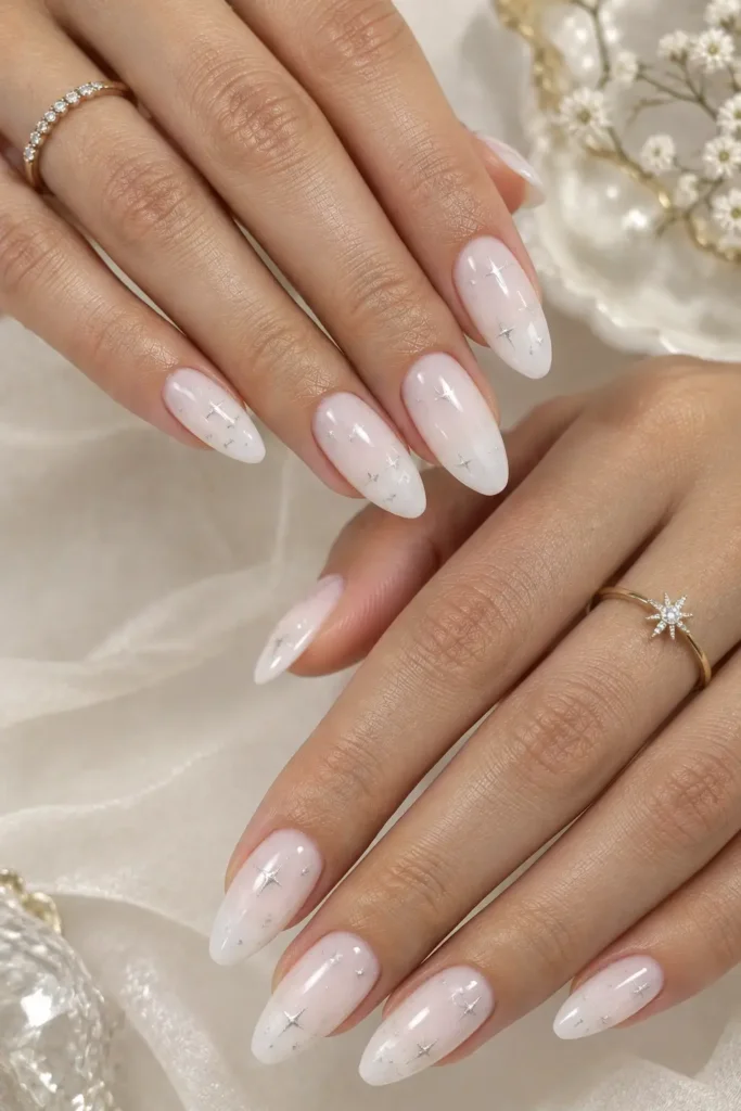Sheer white nails with tiny silver star accents