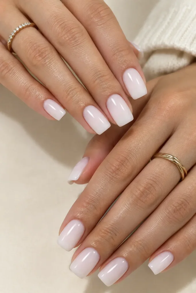 Short square nails with glossy milky white polish
