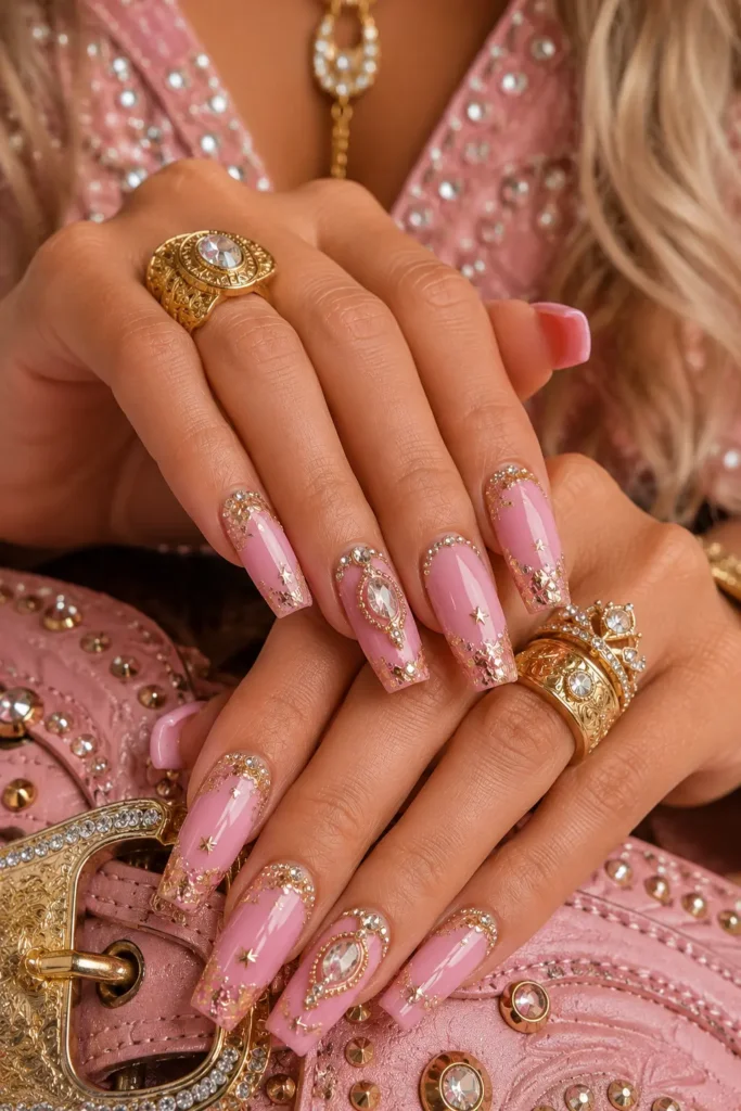 Glossy pink nails with gold foil and star detailing