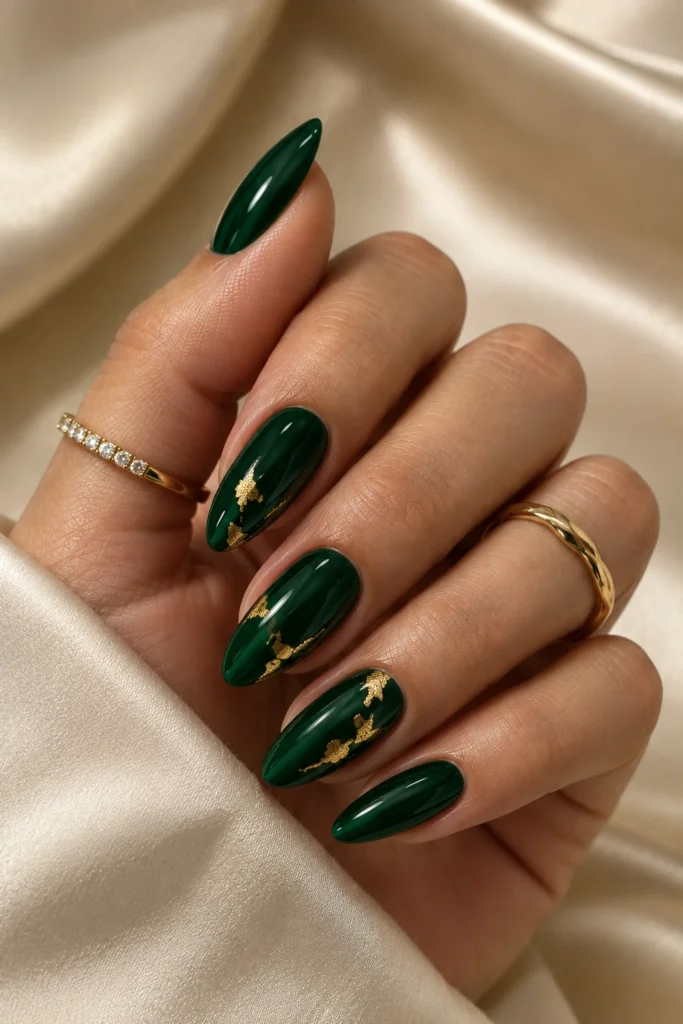 Green nail ideas with delicate gold accents