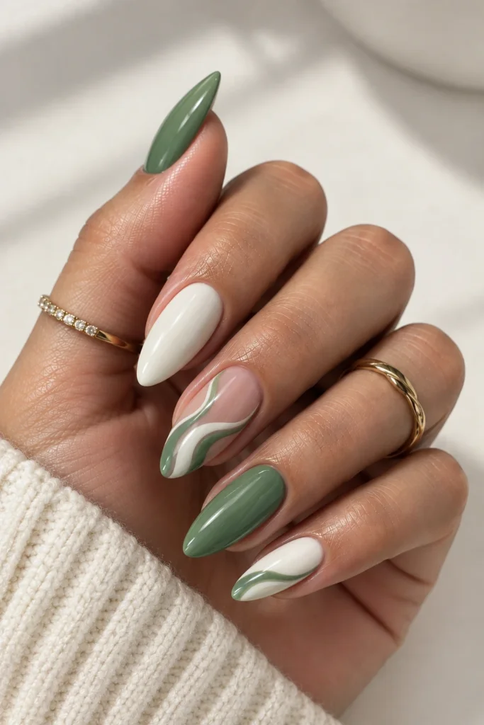 Almond nails with sage green, white, and swirl designs
