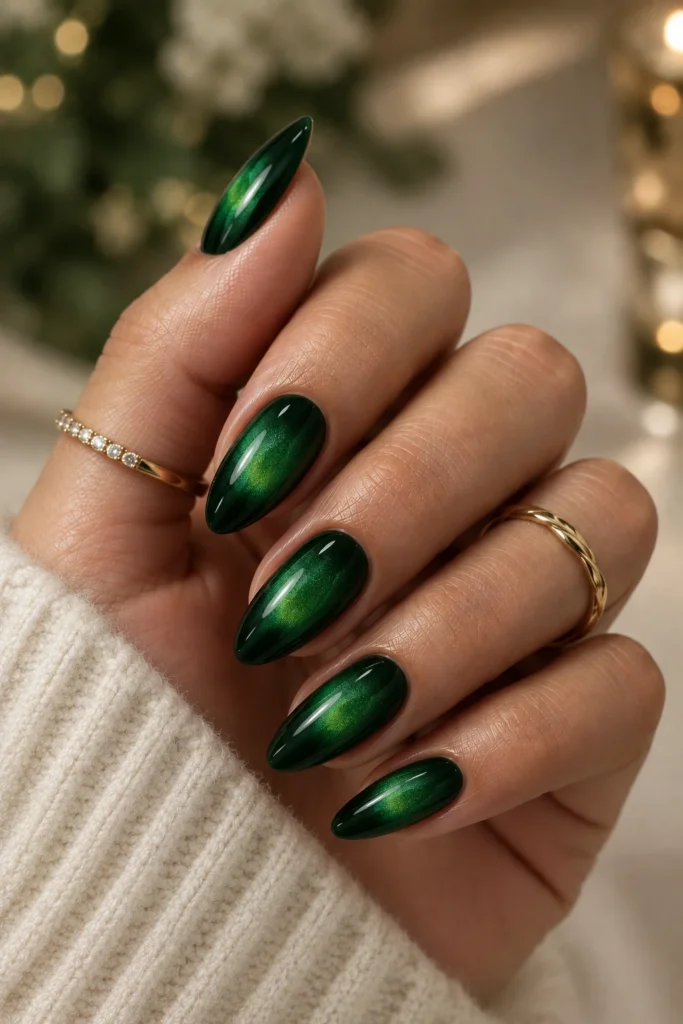 Emerald green aura nails fading into dark forest green