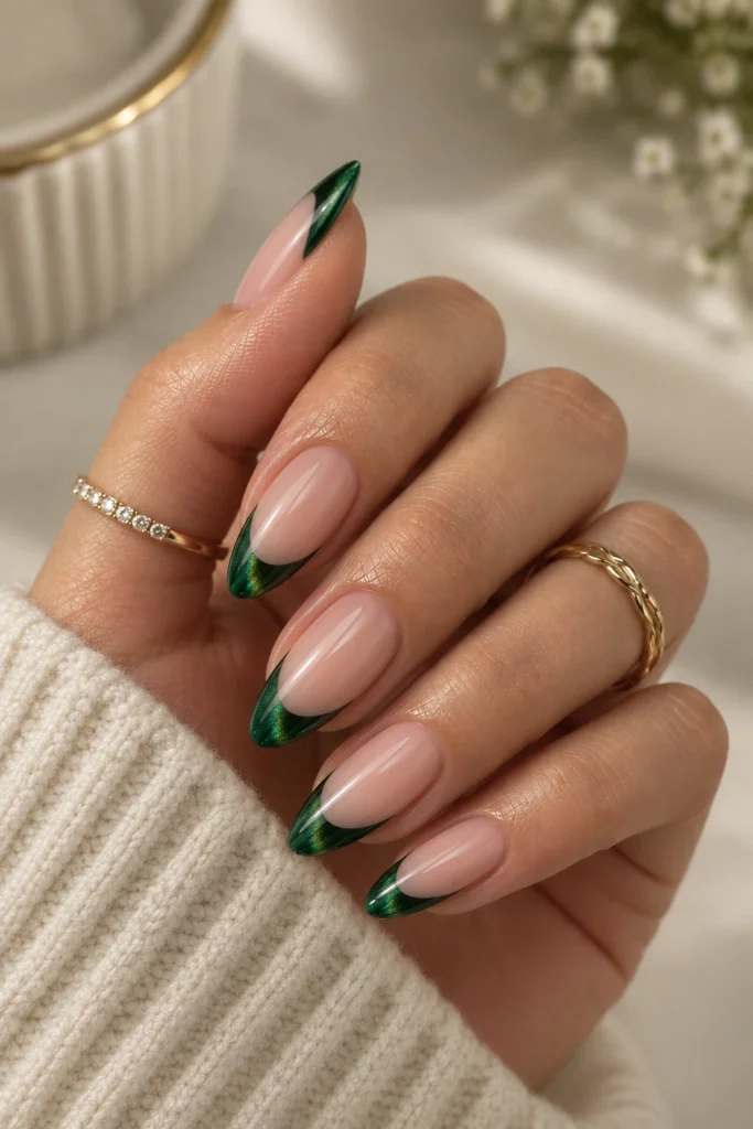 Nude almond nails with magnetic emerald green French tips