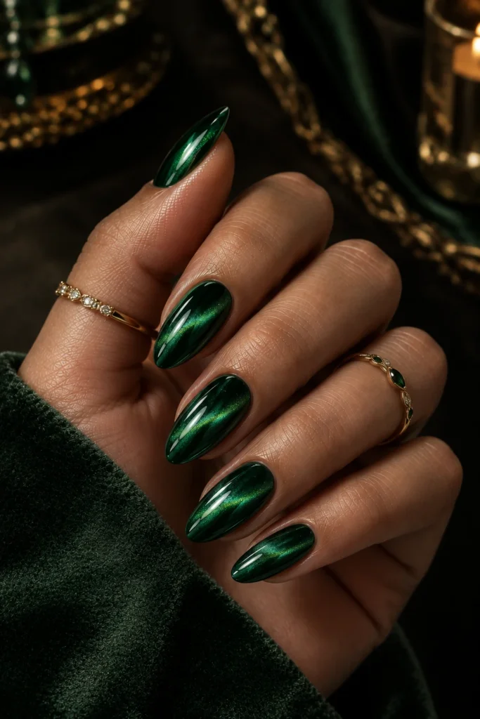 Green nail ideas with magnetic cat eye shimmer