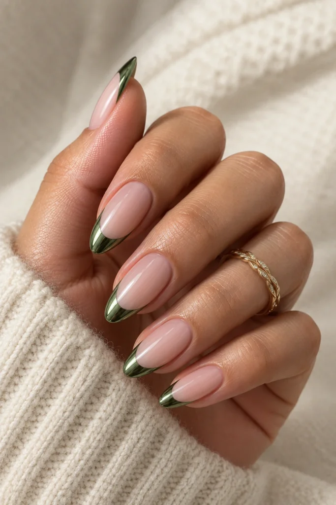 Nude almond nails with metallic green chrome French tips