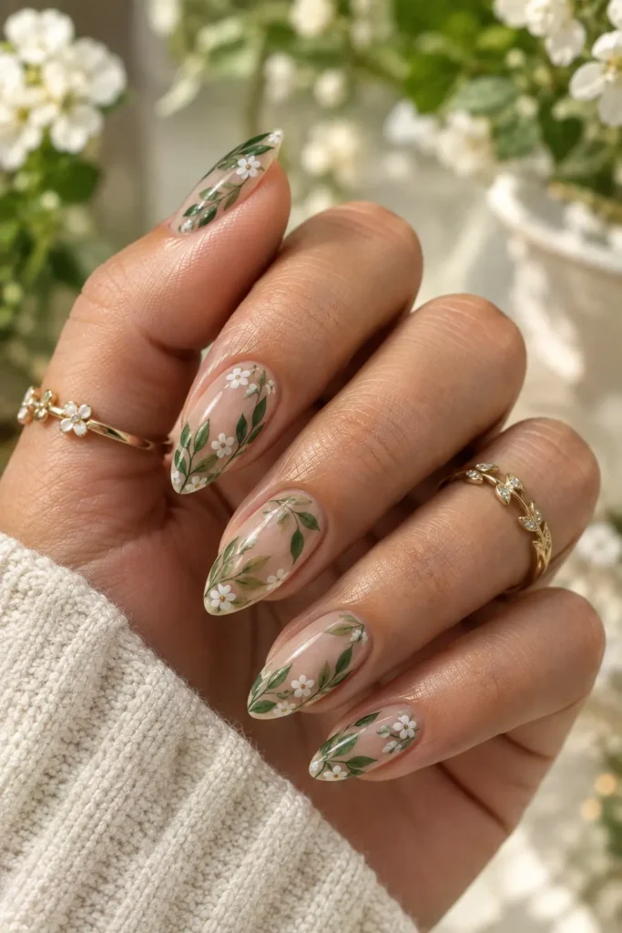 Nude almond nails with delicate green leaves and white flowers