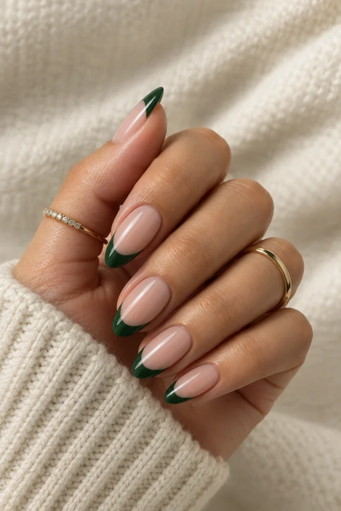 Green nail ideas featuring elegant green French tip nails