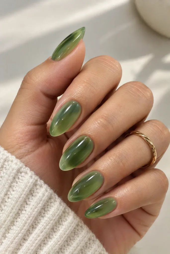 Translucent jade green jelly nails with a glass-like finish