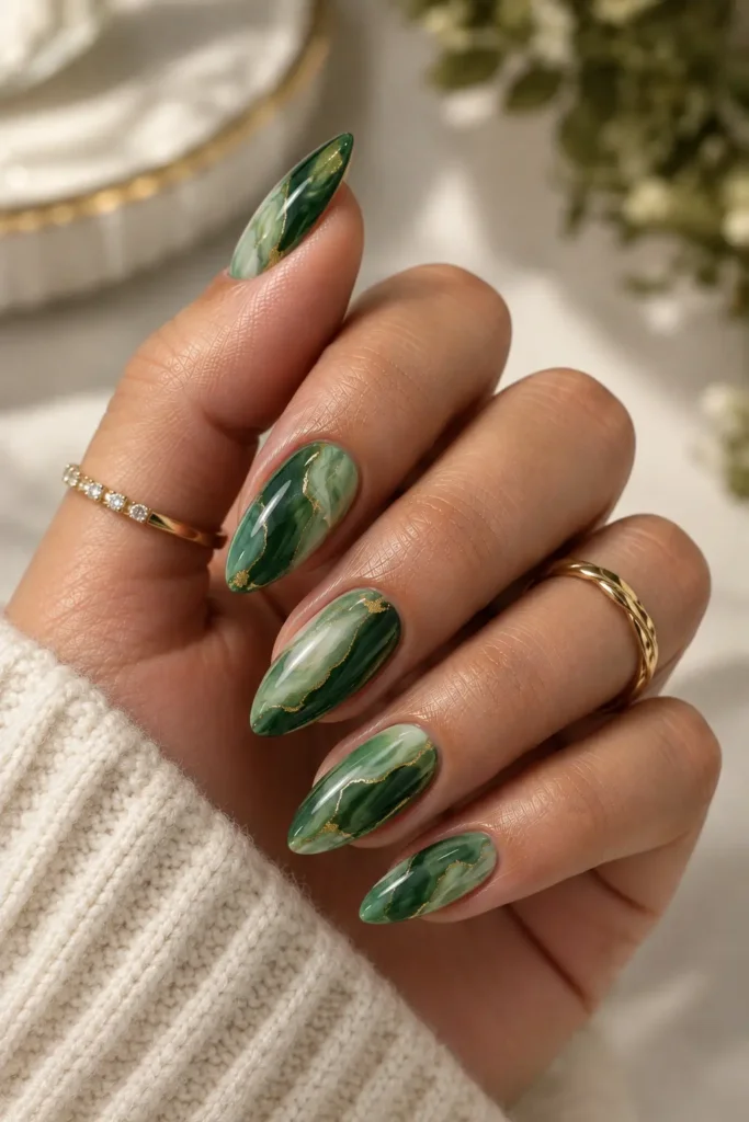 Green marble almond nails inspired by jade and malachite