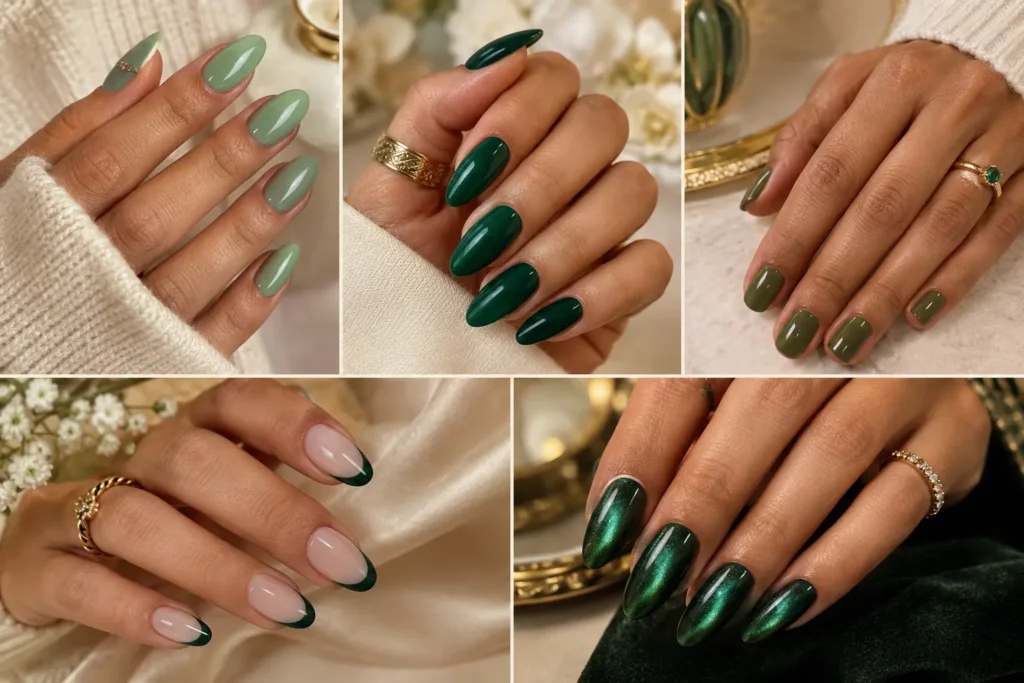 Green nail ideas featuring sage, emerald, olive, and chrome manicures