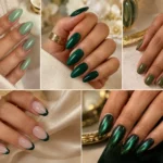 Green nail ideas featuring sage, emerald, olive, and chrome manicures
