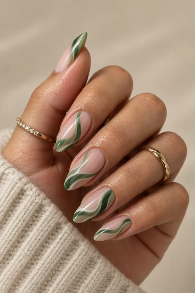Nude almond nails with flowing sage, olive, and dark green swirls
