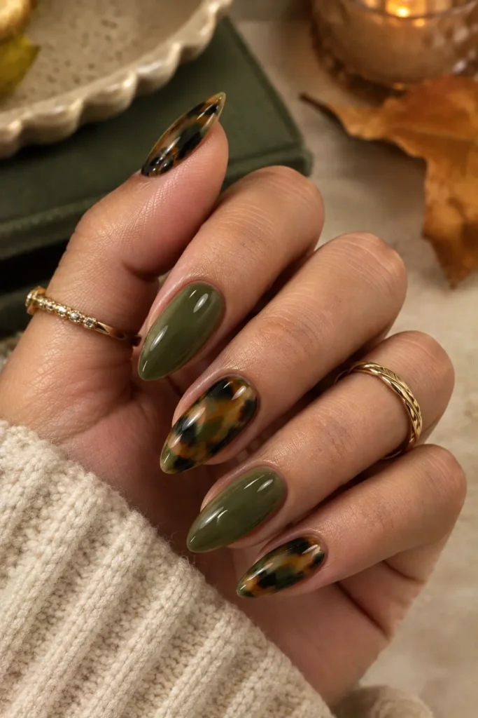 Olive green and amber tortoiseshell almond nail design