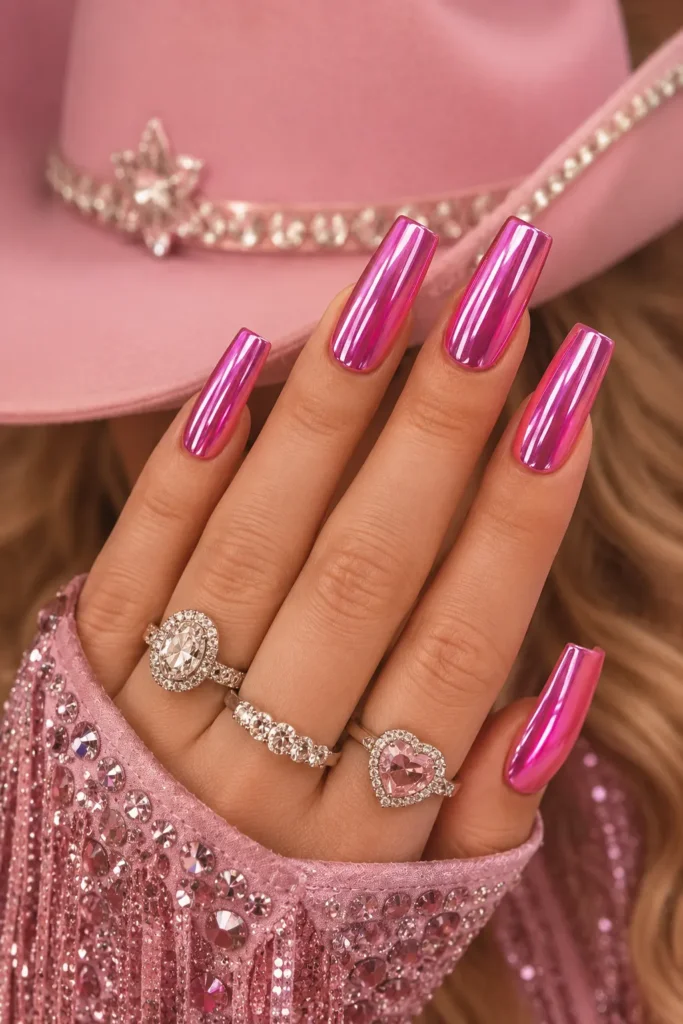 Long square hot pink chrome nails with a mirror-like finish
