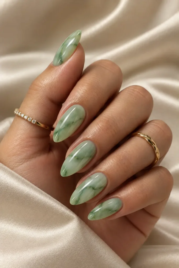 Translucent jade green almond nails with white marbling