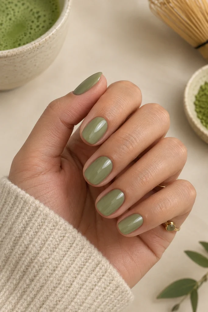 Creamy matcha green nails with a glossy finish