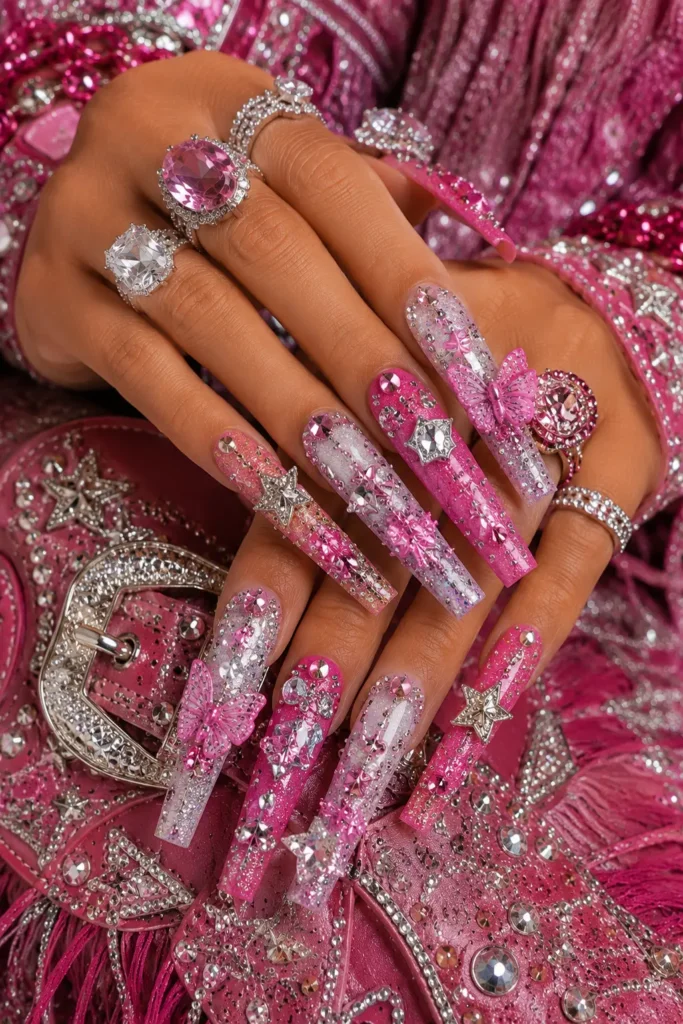 Maximalist Dolly Parton nails in hot pink, silver, and white with rhinestones