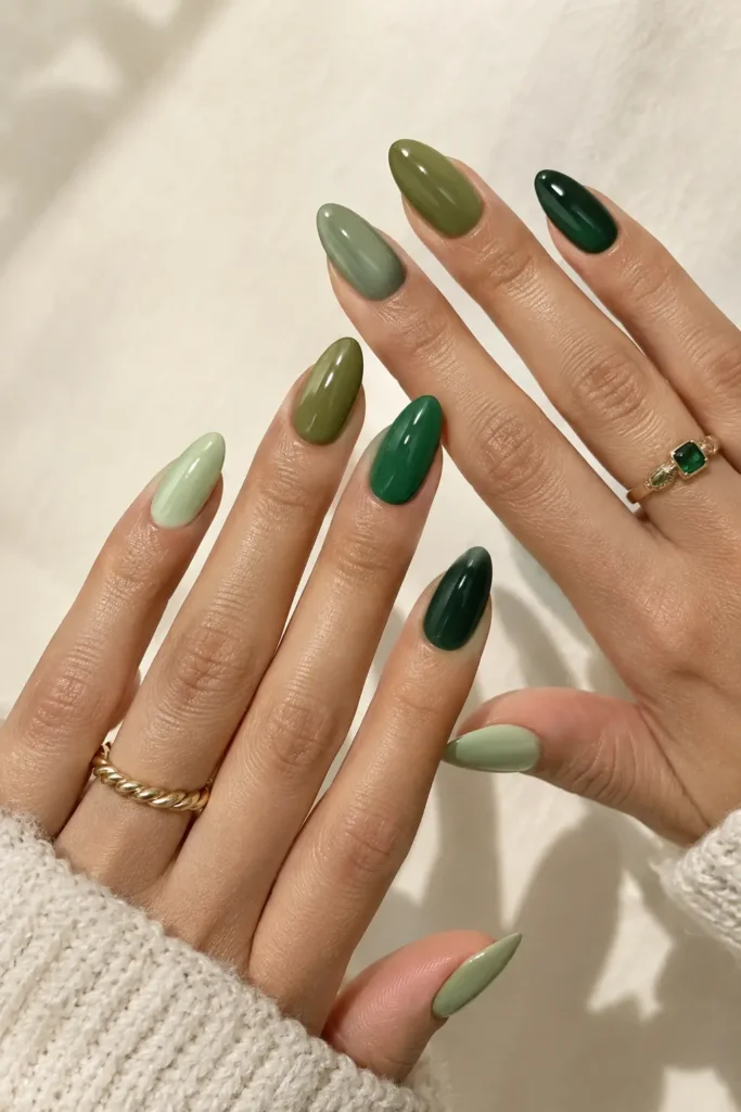 Almond nails in coordinated pistachio, sage, olive, emerald, and forest green