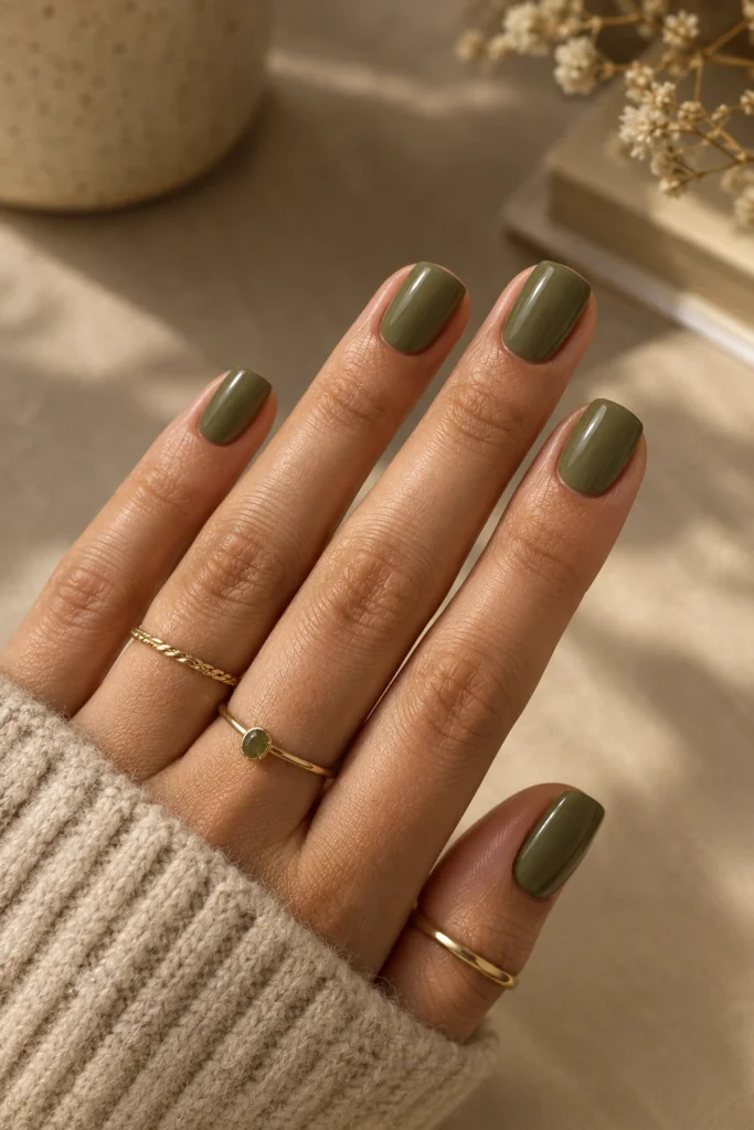Short olive green squoval nails with a glossy finish