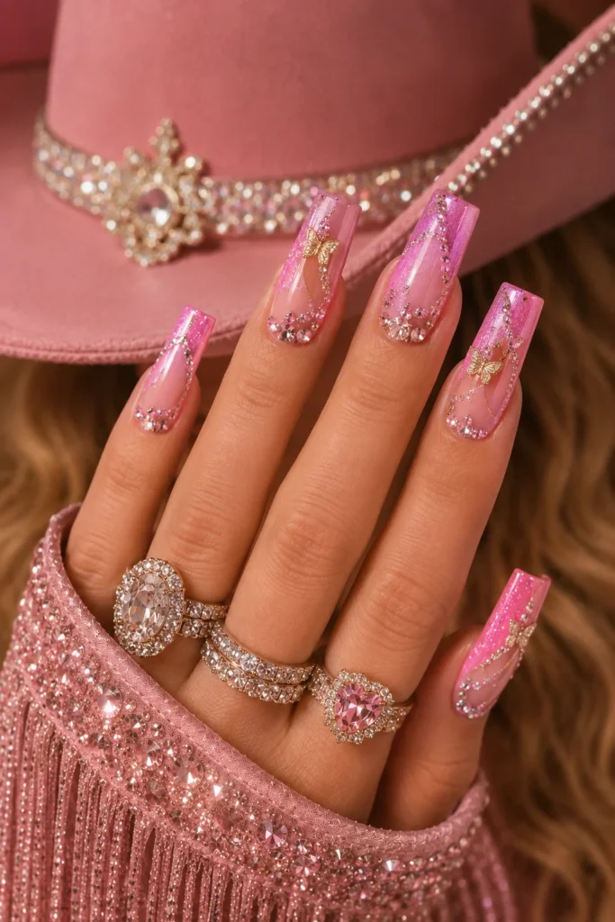 Pink nails with gold butterfly charms and scattered crystals