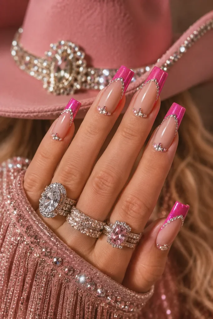 Nude nails with hot pink French tips and rhinestone accents