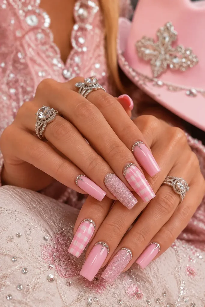 Pink gingham nail art paired with glitter and crystal accents