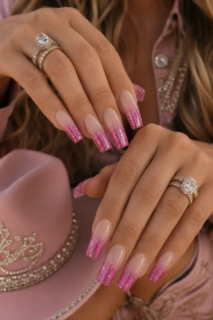 Nude-to-pink glitter ombre nails with a sparkling accent nail