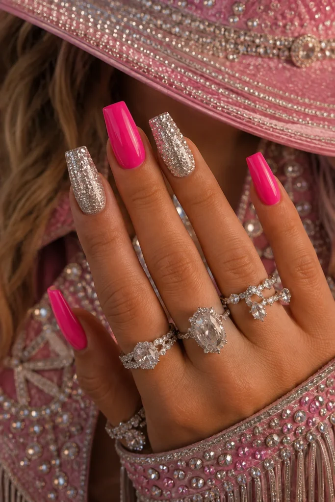 Alternating glossy pink and silver glitter nails