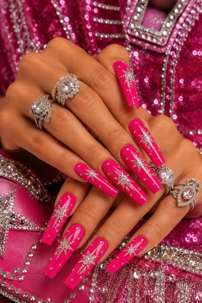 Hot pink nails with a silver rhinestone starburst design