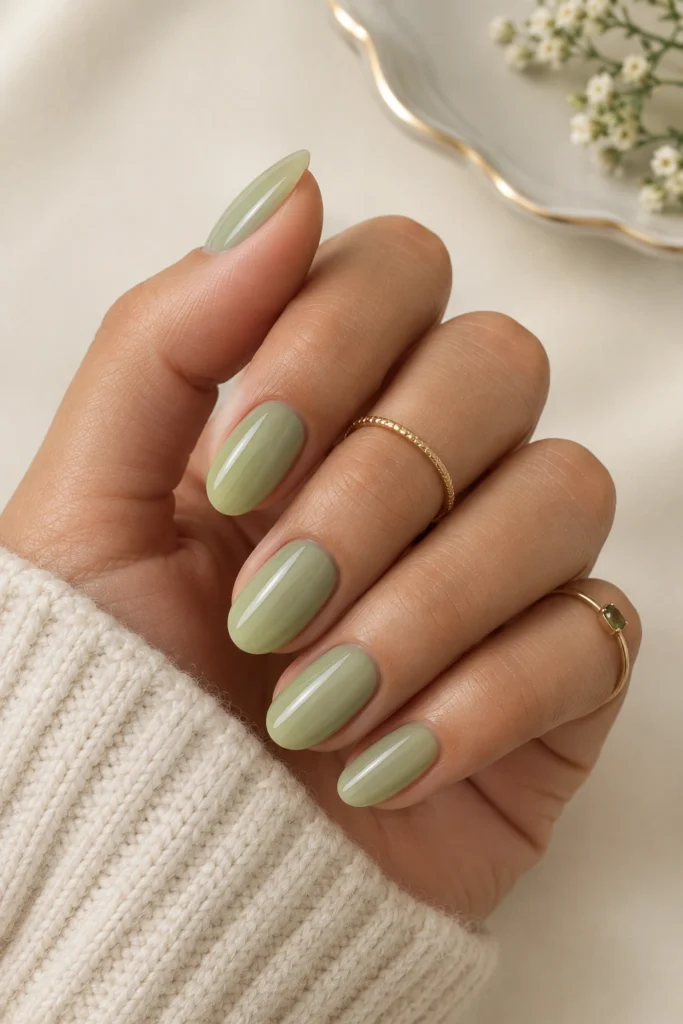 Pale pistachio green oval nails with a translucent glossy finish
