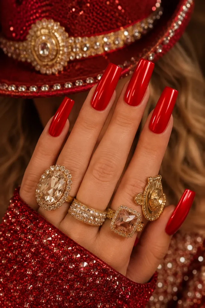 Glossy bright red square acrylic nails