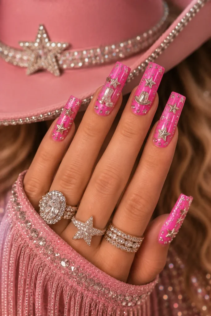 Hot pink nails with silver western stars and rhinestone details