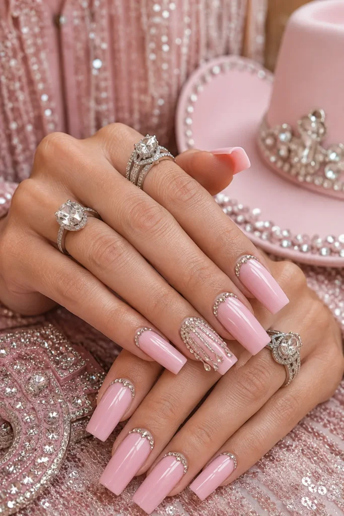 Pink nails with a rhinestone fringe-tip accent nail design
