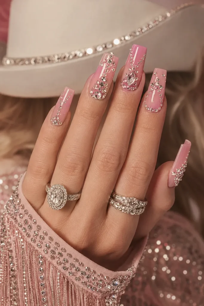 Pink acrylic nails with clustered crystal rhinestones