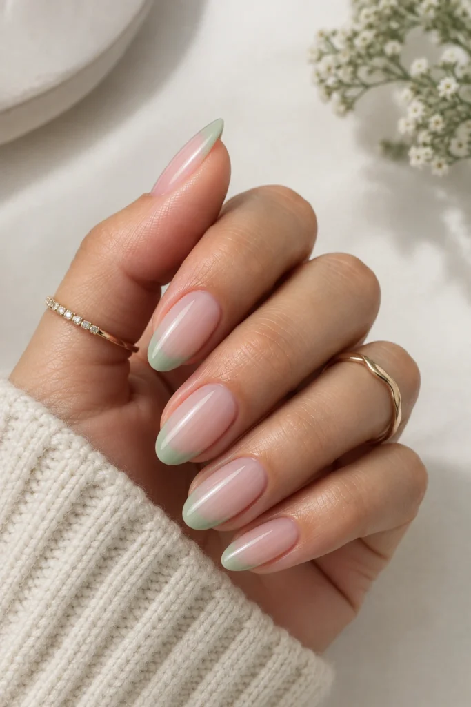 Sheer almond nails with delicate sage green French tips