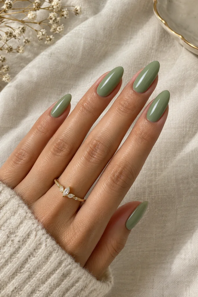 Sage green nail ideas with glossy almond-shaped nails