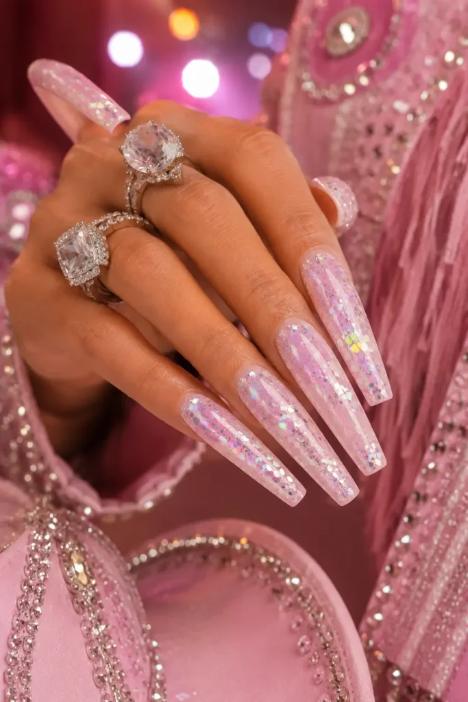 Pale pink nails covered in iridescent sequin-style glitter