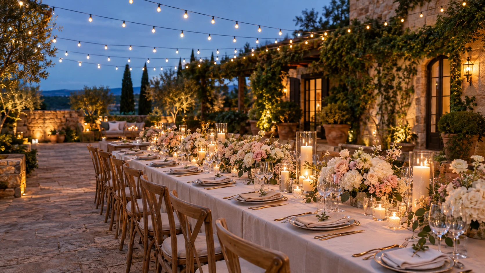 Wedding reception themes: garden courtyard with blush flowers and ivory table settings.