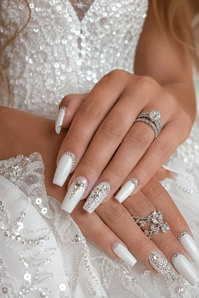 Glossy white square nails with silver rhinestones