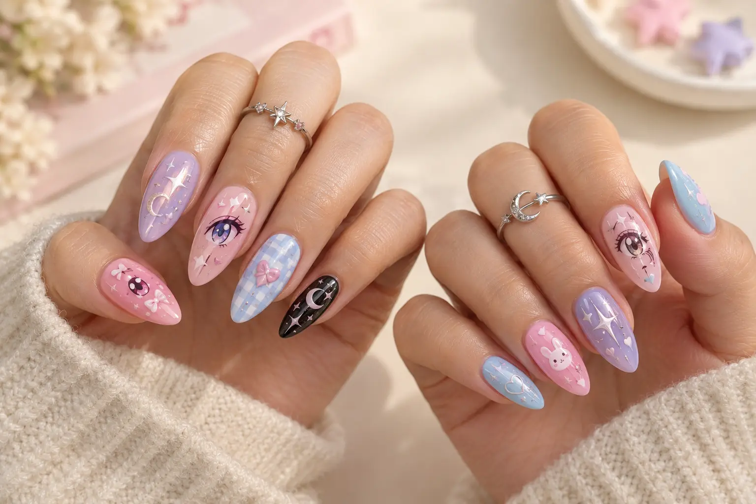 Anime nails ideas featuring colorful kawaii nail art in pastel pink, lavender, blue, and black