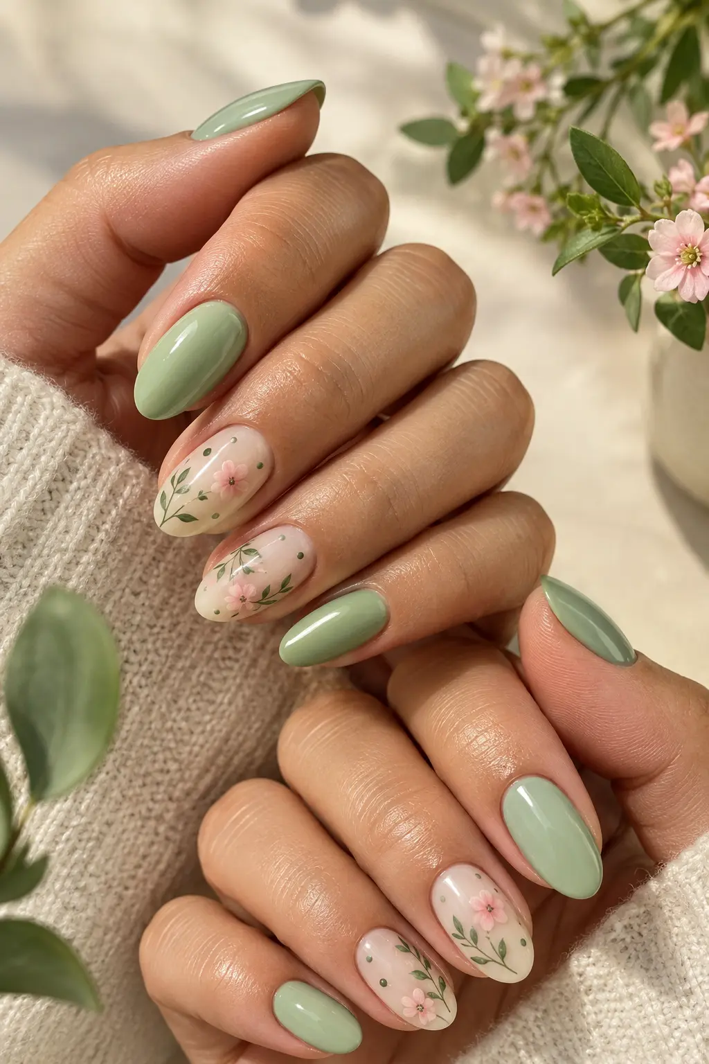 Green Bulbasaur-inspired nails with delicate floral details