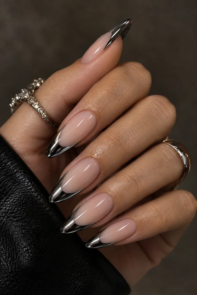 Reflective black chrome French tips with sparkling jewelry