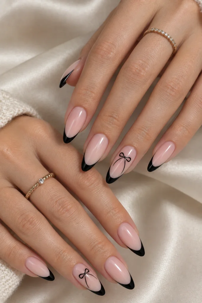 Black French tips with delicate bow accents