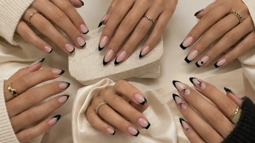 Classic black French tip nails on almond-shaped nails