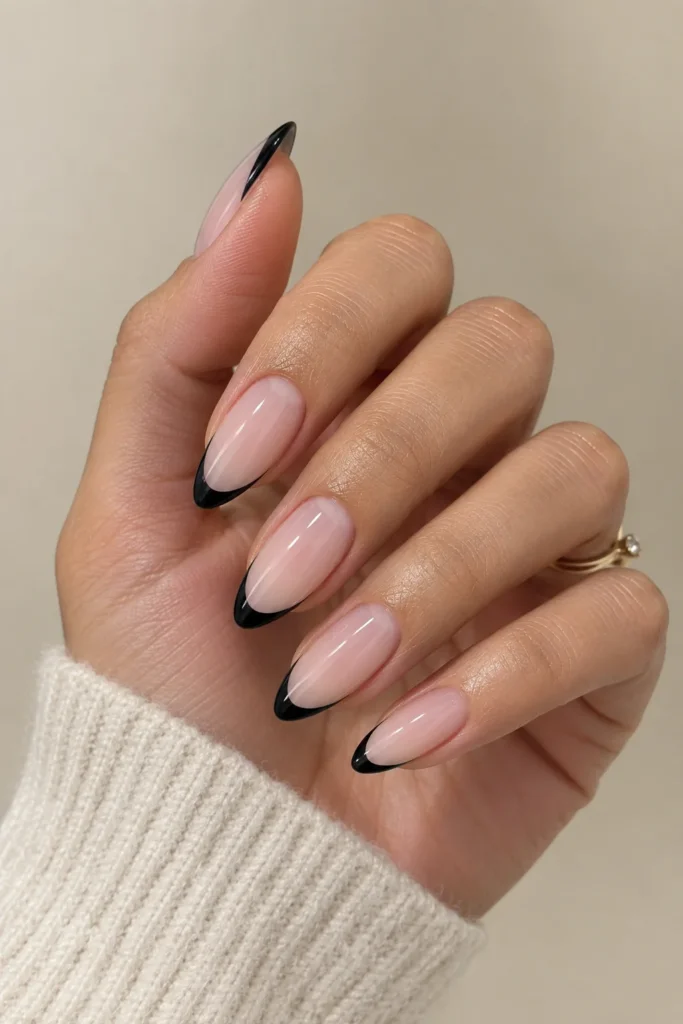 Classic black French tip nails on almond-shaped nails