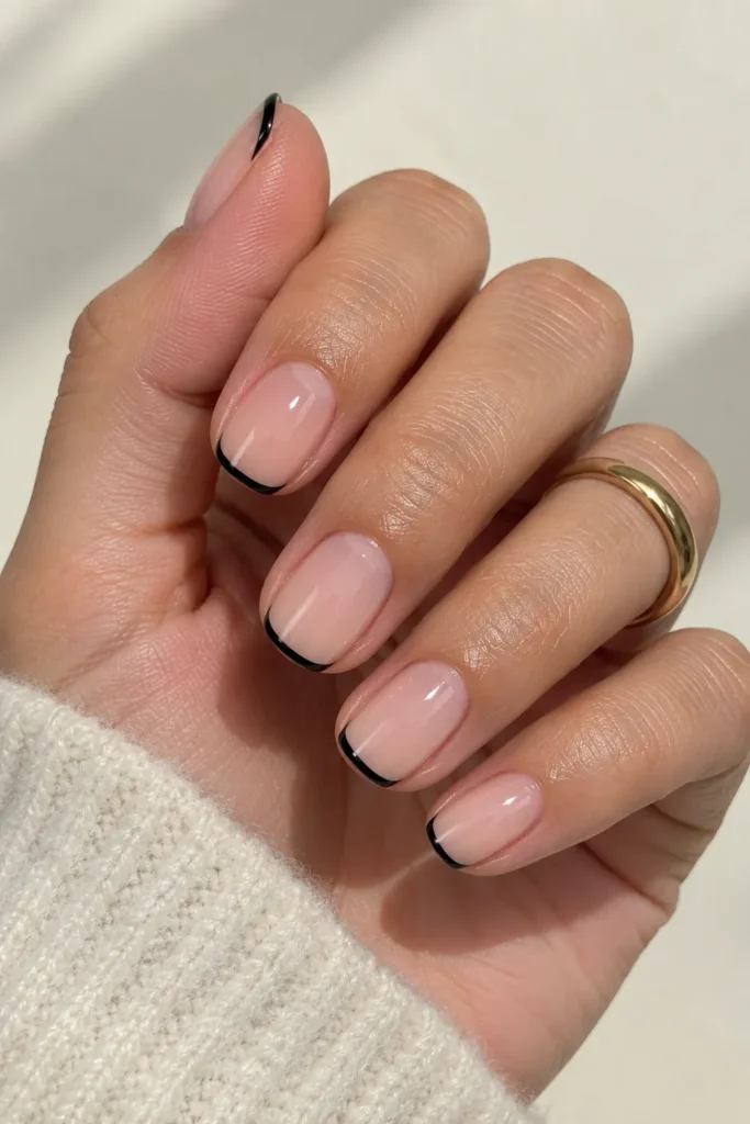 Short squoval nails with thin black French tips