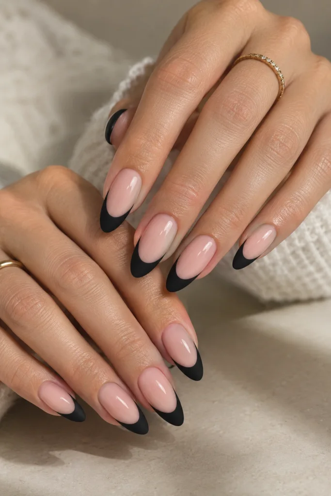Nude nails with elegant matte black French tips