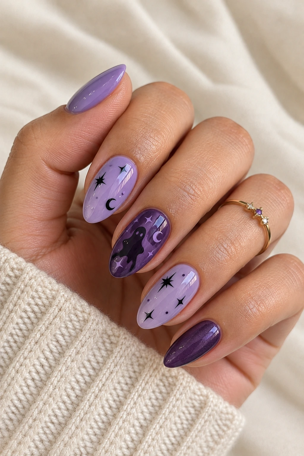 Purple Gengar nails with dark character-inspired accents
